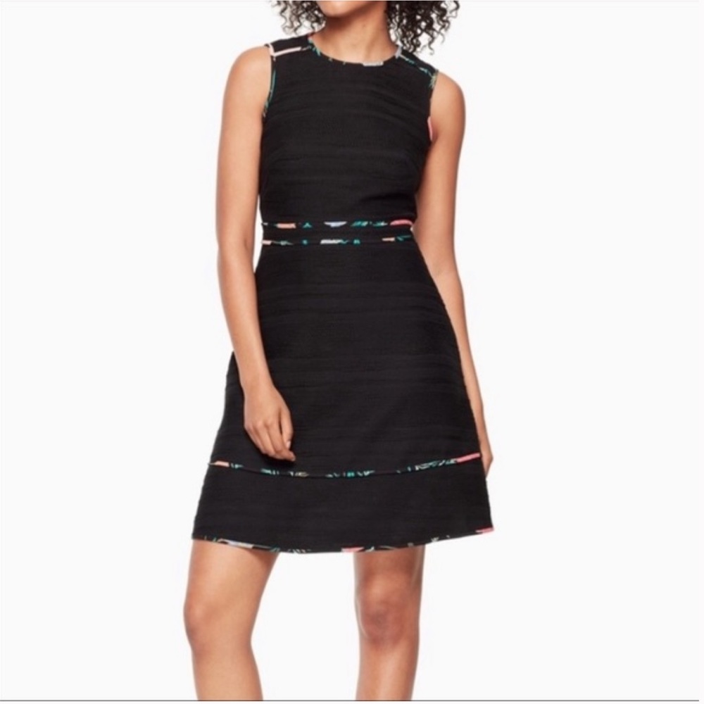 Kate Spade Black Blossom Trim Floral Lining Fit Flare Dress Size 10